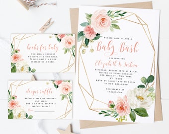 Floral Baby Bash Invitation Set, Geometric Frame (Digital Download)