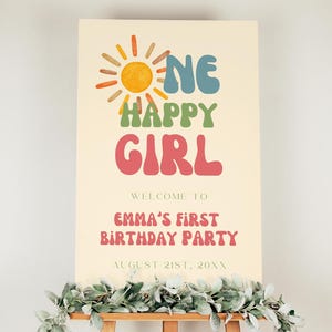 One Happy Girl Birthday Welcome Sign, 1st Birthday Party Sign Template, Sunshine Editable Canva Welcome Poster, Girl Birthday Decor C03