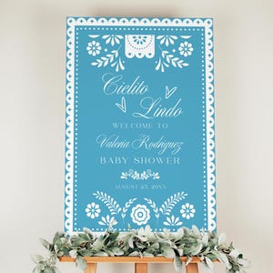 Cielito Lindo Baby Shower Welcome Sign, Blue Talavera Papel Picado Decor, Editable Canva Template, Mexican Fiesta Party Poster Printable C08