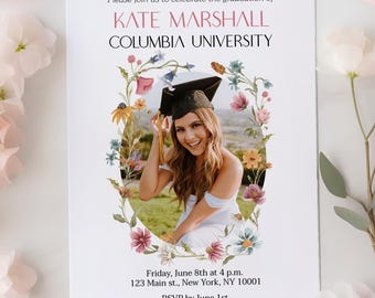 Invitación de graduación editable con flores silvestres, anuncio floral de graduación con foto, invitación para fiesta de graduación estilo bohemio, tarjeta de graduación universitaria VMHc82
