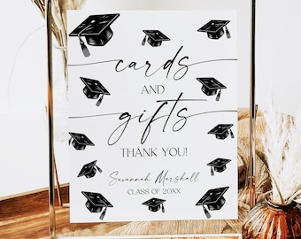 Afstudeerkaarten en cadeaus ondertekenen afdrukbaar, bewerkbaar tafelbord afstuderen, modern minimalistisch Grad-decor, download canva-sjabloon CF37