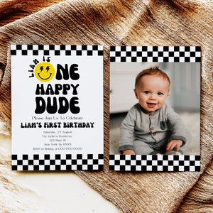 One Happy Dude Einladung zum 1. Geburtstag, Smiley-Einladung zum 1. Geburtstag, Rock'n'Roll-Thema, druckbare Retro-Einladung, Canva C03