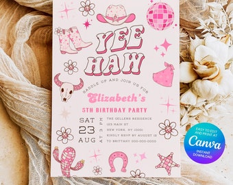 Editable Space Cowgirl Birthday Invitation, Pink Yee Haw Cowgirl Party Invite, Retro Disco Rodeo, Nashville, Instant Download, Canva C04