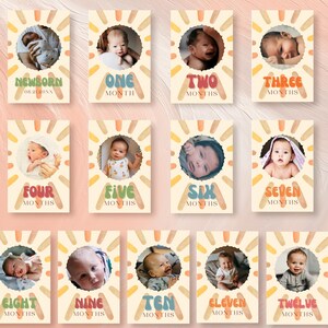 Modèle de bannière photo modifiable pour le 1er anniversaire, cartes jalons mensuels bohèmes, guirlande photo imprimable bébé première année, décor neutre C03