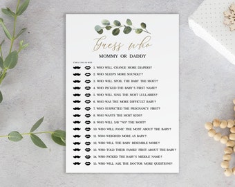 Juego imprimible &quot;Adivina quién es mamá o papá&quot;, plantilla de juego para baby shower, actividades para bebés con chispas, texto personalizado, eucalipto #VMHT4221