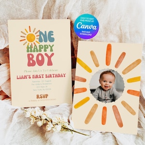 Invitación para el primer cumpleaños de un niño feliz, invitación para el primer cumpleaños con temática de Sunshine, invitación con foto editable, tarjeta imprimible para el primer cumpleaños de un niño, Canva C03