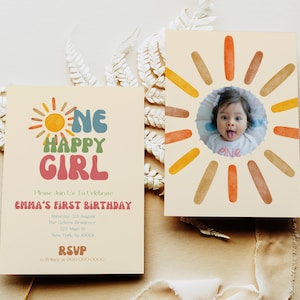 Sunshine 1st Birthday Invitation, One Happy Girl Party Invite, Printable Girl Birthday Invitation Editable First Birthday Photo Template C03