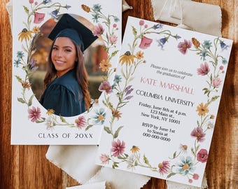 May include: A graduation invitation with a floral border and a photo of a graduate wearing a cap and gown. The invitation reads "Please join us to celebrate the graduation of Kate Marshall, Columbia University, Friday, June 8th at 4 p.m., 123 Main st., New York, NY 10001, RSVP by June 1st to Sonia at 000-000-0000".