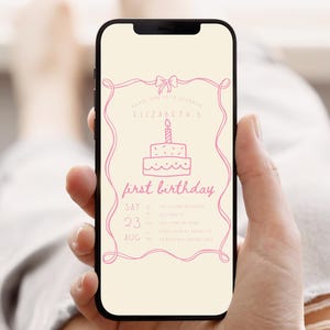 Coquette Bow 1st Birthday Invite Template, Hand Drawn Cake & Whimsical Font, Girl First Birthday Canva Invitation, Phone Format C97