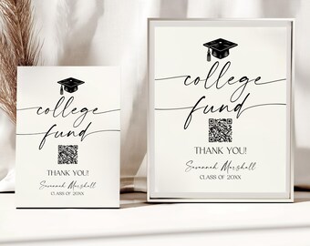 Op de afbeelding: Twee witte borden met zwarte tekst en een zwarte afbeelding van een afstudeerhoed. De tekst luidt "college fund" en bevat een QR-code. Onderaan het bord staat "Bedankt! Savannah Marshall Klas van 20XX".