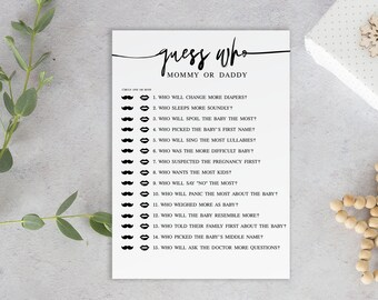 Plantilla de juego &quot;Adivina Quién&quot; para baby shower, actividades de &quot;Mamá o Papá&quot;, caligrafía, descarga instantánea, divertido #HF24