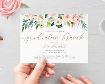 Floral Graduation Brunch Invitation Template, Editable Gold Script (Digital Download)