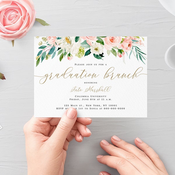 Printable invitation Fully editable invite template Graduation brunch Instant download Gold Peach Pink Cream Templett DIY Custom #VMHT423