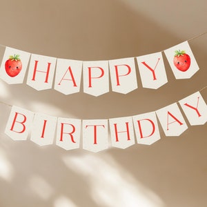 Minimalist Strawberry Happy Birthday Banner, Printable Party Garland, Editable Neutral Theme Birthday Decoration, Strawberry Party CNb11