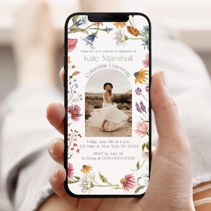 Invito di laurea digitale modificabile, annuncio di laurea con fiori di campo, invito fotografico per festa di laurea boho, download per telefono VMHc82