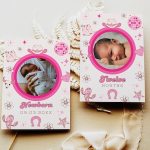 Bannière d'étape mensuelle bébé cow-girl, affichage photo 12 mois, cartes mensuelles premier anniversaire, bannière photo première année bébé modèle Canva C04