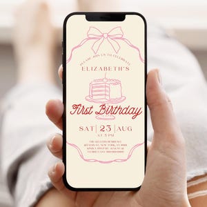 Whimsical Pink Bow 1st Birthday Evite, Hand-Drawn Cake Coquette Invitation Template for Phone, Editable Canva DIY Girl Party Invite C97