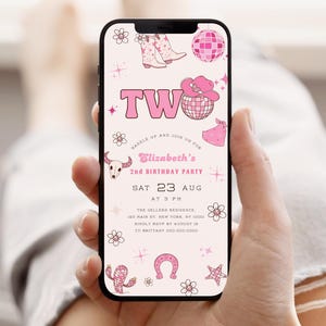 Bearbeitbare zwei Jahre Cowgirl Geburtstag E-Invite, Rosa Texteinladung zum 2. Geburtstag, Digital Disco Rodeo Party Vorlage, Sofortiger Download C04