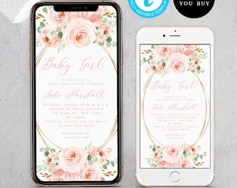 Blush Pink Floral Baby Girl Electronic Invitation, SMS Phone Invite (Digital)