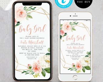 Plantilla electrónica para invitación de baby shower de niña, digital, SMS, teléfono, invitación por correo electrónico, iPhone, diseño floral geométrico en tonos rosa melocotón ruborizado #VMHT163