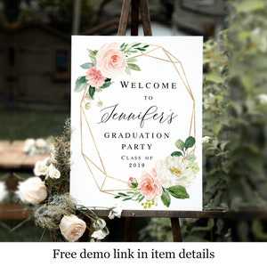 Graduation welcome sign template Blush Floral poster Download Graduate, High School, University, Grad Party Templett Gold Geometric #VMHT413