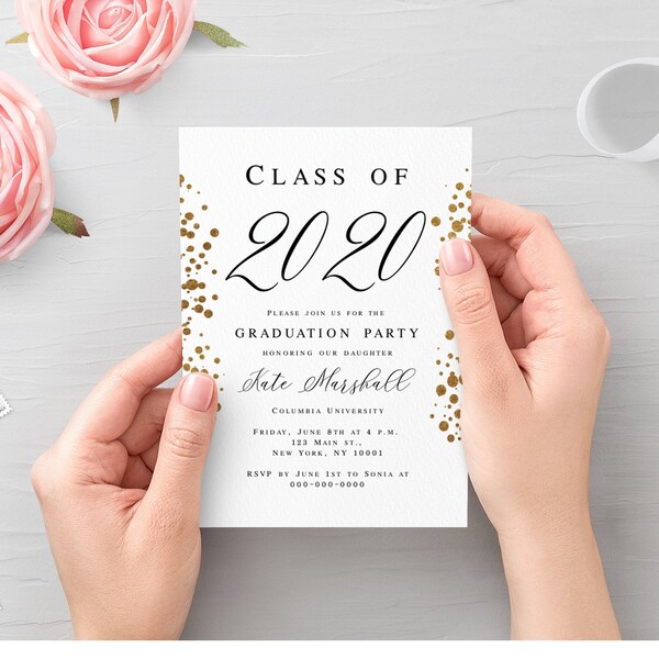 Templett, 100% Editable Confetti Invitation, Graduation Announcement Template, Printable DIY, Class of 2024, No photo, Glitter Gold #VMHT417