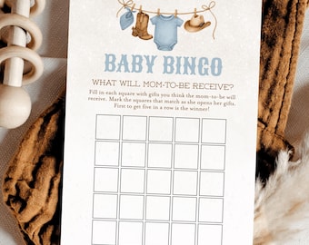 A Little Cowboy Baby Bingo Game, Printable Baby Shower Game for Boy, 50 Prefilled Bingo Cards, Baby Shower Activity, Western Baby Bingo C09