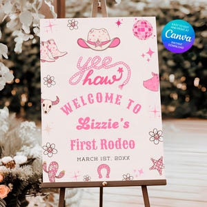 Editable Pink Cowgirl Birthday Welcome Sign, Disco Rodeo Party Printable, Western First Rodeo Sign, Girl Cowboy Birthday Decor, Canva C04