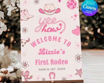 Pink Cowgirl First Rodeo Welcome Sign, Disco Birthday Party (Canva Editable, Digital Download)