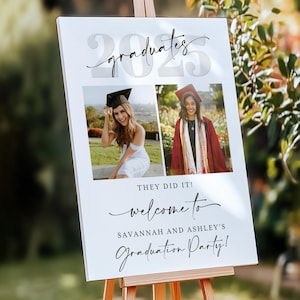 Plantilla de cartel de bienvenida con foto para fiesta de graduación doble, póster personalizado para fiesta de gemelos, fiesta conjunta, decoración para graduados de secundaria y universidad, Canva c41