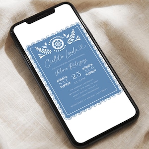Convite para chá de bebê Cielito Lindo, Azul Talavera Papel Picado Evite, modelo editável de chá mexicano para menino, download instantâneo Canva C08