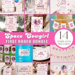 Space Cowgirl First Rodeo Birthday Bundle, Editable Pink Disco Western Party Pack, Girl 1st Rodeo Invitation & Decorations Template Kit C04