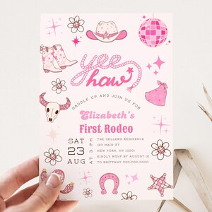 Editable My 1st Rodeo Birthday Invitation, Pink Cowgirl First Birthday Party Template, Western Disco Rodeo Printable Digital Invite C04