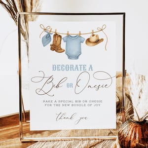 Decorate a Bib or Onesie Station Sign, Baby Shower Editable Game, Rustic Western Baby Shower Activity Template, Printable Keepsake Sign C09