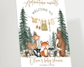 Adventure Awaits Woodland Baby Shower Welcome Sign, Printed Forest Animals Poster, Custom Baby Shower Decor, Adventure Awaits Welcome Board