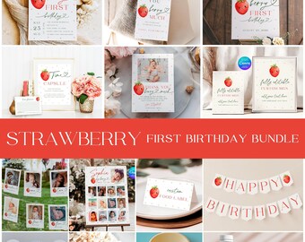 Paquete de plantillas editables para la fiesta del primer cumpleaños con temática de fresas (descarga digital)