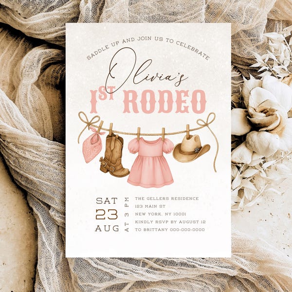 Editable First Rodeo Birthday Invitation Girl, Cowgirl 1st Birthday Party Invite, Western Wild West Printable Template Canva C09