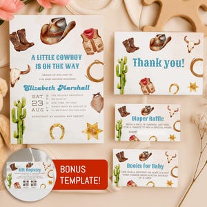 Editable Cowboy Baby Shower Invitation Set, A Little Cowboy Baby Shower Invite Pack, Wild West Western Boy Blue Outdoors Rodeo Country C09