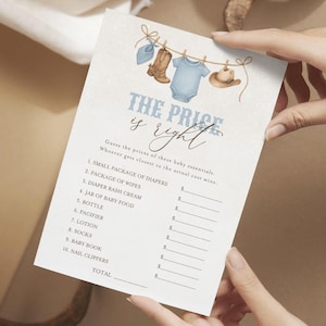May include: A baby shower game card with the text "THE PRICE is right" in blue script. The card features illustrations of baby clothes and accessories hanging on a clothesline. The game asks players to guess the prices of baby essentials.