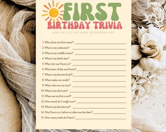 Jogo para imprimir para o primeiro aniversário: Quem conhece melhor o bebê de um ano? Jogo divertido para festa de aniversário de 1 ano. Modelo digital editável no Canva (C03).