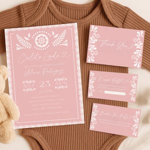 Cielito Lindo Invitation for Baby Shower, Mexican Baby Shower Invite, Papel Picado Invite, Dusty Rose Talavera, Registry Card QR Code C08