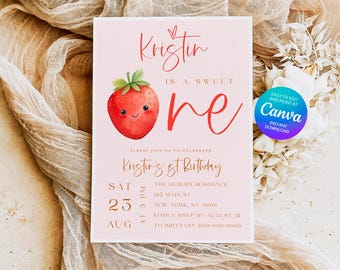 May include: Pink and red printable birthday invitation with a strawberry illustration and the text "Kristin is a sweet one". The invitation includes details for a party on August 23rd at 3 PM.