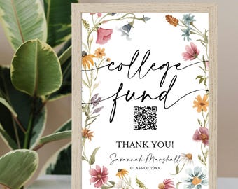 College Fund QR Code Sign Template, Wildflower Graduation Table Decor, Editable Grad Party Donation Insert, Venmo QR Sign Boho Design VMHc82