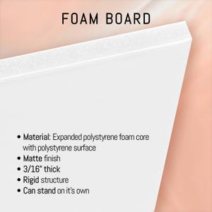 May include: White foam board with the text "FOAM BOARD" at the top. The board is 3/16" thick and has a matte finish. The material is expanded polystyrene foam core with a polystyrene surface. The board has a rigid structure and can stand on its own.