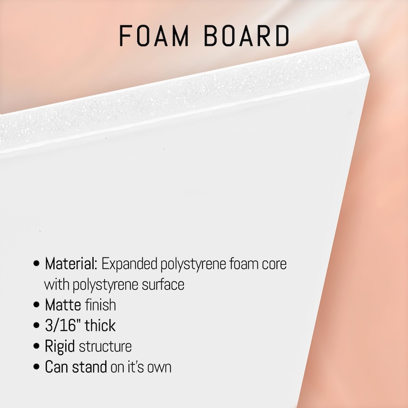 May include: White foam board with the text "FOAM BOARD" at the top. The board is 3/16" thick and has a matte finish. The material is expanded polystyrene foam core with a polystyrene surface. The board has a rigid structure and can stand on its own.