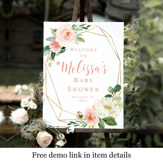 Blush Baby Shower Sign Pink and Gold Instant Download Its a Girl Baby Shower Sign Floral Baby Shower Welcome Sign