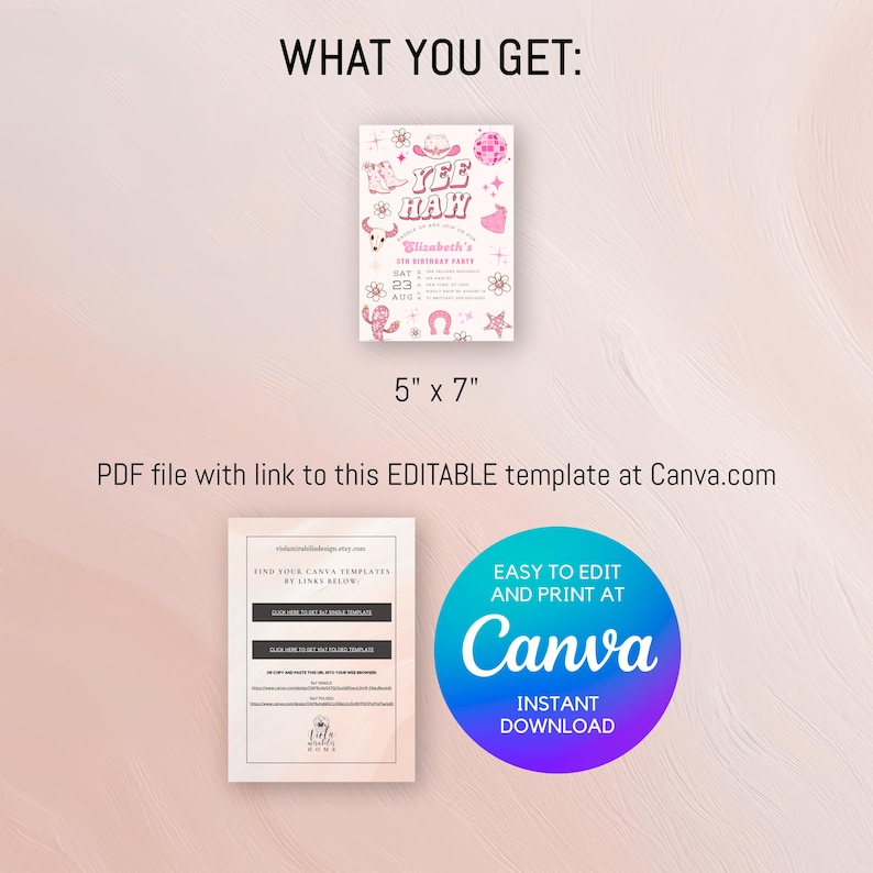 Pu&ograve; includere: Un modello di invito stampabile rosa e bianco per una festa di compleanno Yee Haw. Il modello presenta uno stivale da cowgirl rosa e bianco, un ferro di cavallo rosa e bianco, un cactus rosa e bianco e il testo "Yee Haw" in rosa e bianco. Il modello misura 12,7 cm per 17,8 cm.