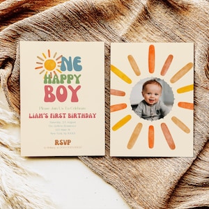 Faire-part 1er anniversaire soleil, invitation fête un garçon heureux, faire-part d'anniversaire garçon imprimable, modèle Photo premier anniversaire modifiable C03