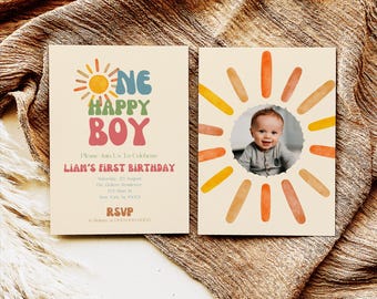 Invito per il primo compleanno a tema sole, invito per la festa di un bambino felice, invito di compleanno stampabile per bambino, modello di foto modificabile per il primo compleanno C03