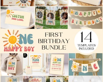 One Happy Boy Birthday Bundle, Sun 1st Birthday Party Decor, Retro Boho First Birthday Printables, Invitation Sign Banner Cupcake Topper C03